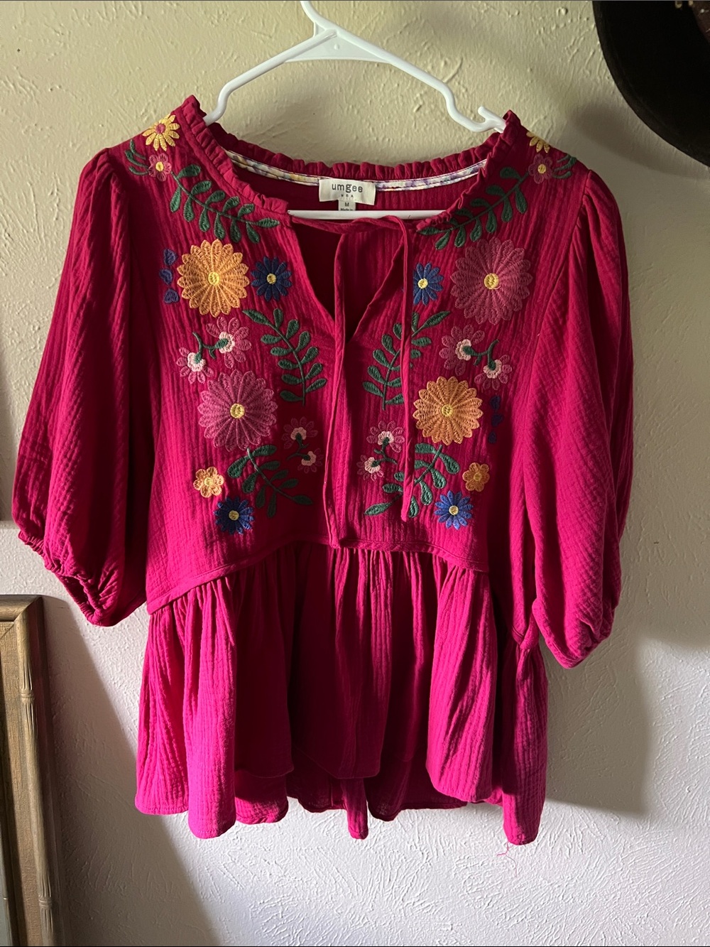 Umgee Hot Pink Floral Embroidered Tie-Front Peplum Blouse
